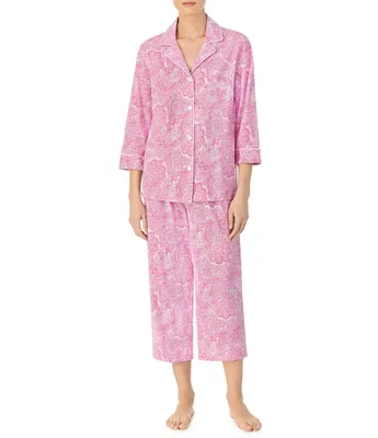 Lauren Ralph Lauren Petite Size Paisley Print Knit Notch Collar 3/4 Sleeve Crop Pajama Set
