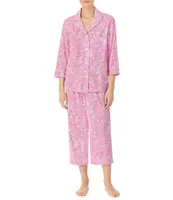 Lauren Ralph Lauren Petite Size Paisley Print Knit Notch Collar 3/4 Sleeve Crop Pajama Set