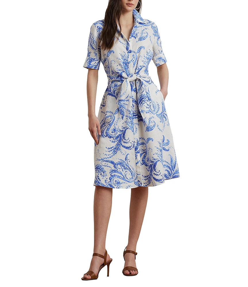 Lauren Ralph Lauren Petite Size Paisley Tie-Front Linen Shirtdress