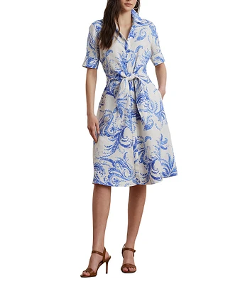 Lauren Ralph Lauren Petite Size Paisley Tie-Front Linen Shirtdress