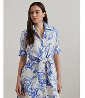 Lauren Ralph Lauren Petite Size Paisley Tie-Front Linen Shirtdress