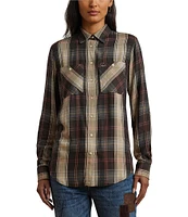 Lauren Ralph Lauren Petite Size Plaid Long Roll-Tab Sleeve Button Front Patch Pocket Shirt