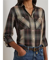 Lauren Ralph Lauren Petite Size Plaid Long Roll-Tab Sleeve Button Front Patch Pocket Shirt