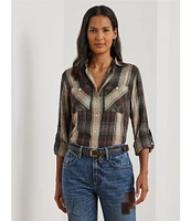 Lauren Ralph Lauren Petite Size Plaid Long Roll-Tab Sleeve Button Front Patch Pocket Shirt