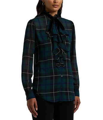 Lauren Ralph Lauren Petite Size Plaid Ruffle Trim Crinkle Georgette Banded Collar Long Sleeve Shirttail Hem Blouse