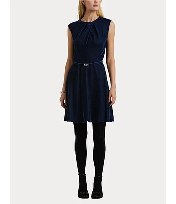 Lauren Ralph Lauren Petite Size Pleated Gathered Round Neck Cap Sleeve Fit & Flare Belted Velvet Dress