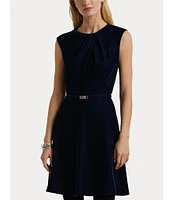 Lauren Ralph Lauren Petite Size Pleated Gathered Round Neck Cap Sleeve Fit & Flare Belted Velvet Dress