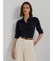 Lauren Ralph Lauren Petite Size Point Collar Long Roll-Tab Sleeve Button-Front Shirt