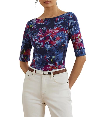 Lauren Ralph Lauren Petite Size Printed Stretch Cotton Boat Neck Elbow Sleeve T-Shirt