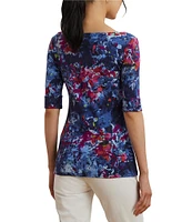 Lauren Ralph Lauren Petite Size Printed Stretch Cotton Boat Neck Elbow Sleeve T-Shirt