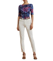 Lauren Ralph Lauren Petite Size Printed Stretch Cotton Boat Neck Elbow Sleeve T-Shirt