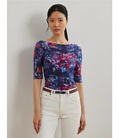 Lauren Ralph Lauren Petite Size Printed Stretch Cotton Boat Neck Elbow Sleeve T-Shirt