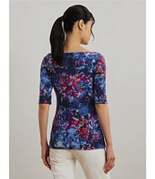 Lauren Ralph Lauren Petite Size Printed Stretch Cotton Boat Neck Elbow Sleeve T-Shirt