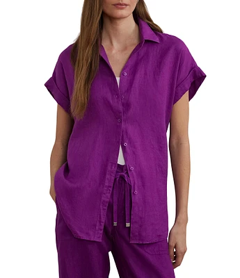 Lauren Ralph Lauren Petite Size Relaxed Fit Point Collar Short Sleeve Linen Shirt