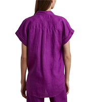 Lauren Ralph Lauren Petite Size Relaxed Fit Point Collar Short Sleeve Linen Shirt