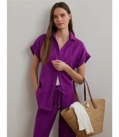 Lauren Ralph Lauren Petite Size Relaxed Fit Point Collar Short Sleeve Linen Shirt