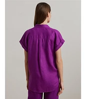 Lauren Ralph Lauren Petite Size Relaxed Fit Point Collar Short Sleeve Linen Shirt