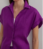 Lauren Ralph Lauren Petite Size Relaxed Fit Point Collar Short Sleeve Linen Shirt