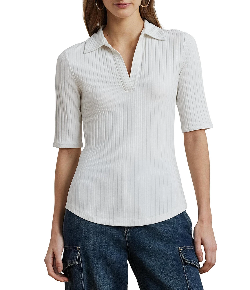 Lauren Ralph Lauren Petite Size Rib Knit Collared Elbow Sleeve Slim Fit Polo T-Shirt
