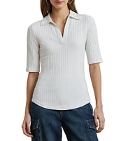 Lauren Ralph Lauren Petite Size Rib Knit Collared Elbow Sleeve Slim Fit Polo T-Shirt