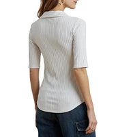 Lauren Ralph Lauren Petite Size Rib Knit Collared Elbow Sleeve Slim Fit Polo T-Shirt