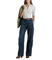 Lauren Ralph Lauren Petite Size Rib Knit Collared Elbow Sleeve Slim Fit Polo T-Shirt