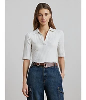 Lauren Ralph Lauren Petite Size Rib Knit Collared Elbow Sleeve Slim Fit Polo T-Shirt
