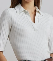 Lauren Ralph Lauren Petite Size Rib Knit Collared Elbow Sleeve Slim Fit Polo T-Shirt