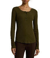 Lauren Ralph Lauren Petite Size Rib-Knit Scoop Neck Long Sleeve Henley Tee