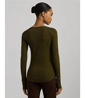 Lauren Ralph Lauren Petite Size Rib-Knit Scoop Neck Long Sleeve Henley Tee