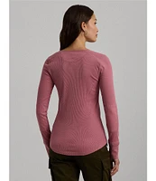 Lauren Ralph Lauren Petite Size Rib-Knit Scoop Neck Long Sleeve Henley Tee