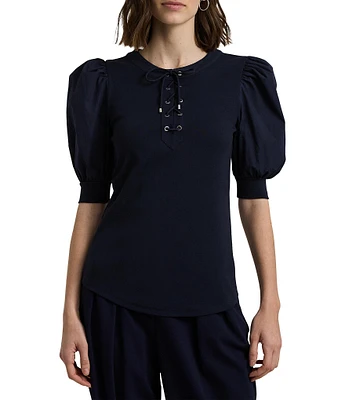 Lauren Ralph Lauren Petite Size Rib-Knit Stretch Cotton-Blend Lace-Up Puff-Sleeve Top