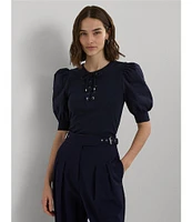 Lauren Ralph Lauren Petite Size Rib-Knit Stretch Cotton-Blend Lace-Up Puff-Sleeve Top