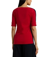 Lauren Ralph Lauren Petite Size Ribbed Knit Stretch Cotton Boat Neck Short Sleeve Two-Tone Top