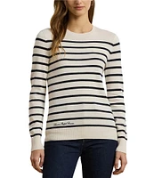 Lauren Ralph Lauren Petite Size Soft Cotton-Blend Striped Crew Neck Long Sleeve Sweater