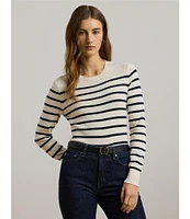 Lauren Ralph Lauren Petite Size Soft Cotton-Blend Striped Crew Neck Long Sleeve Sweater