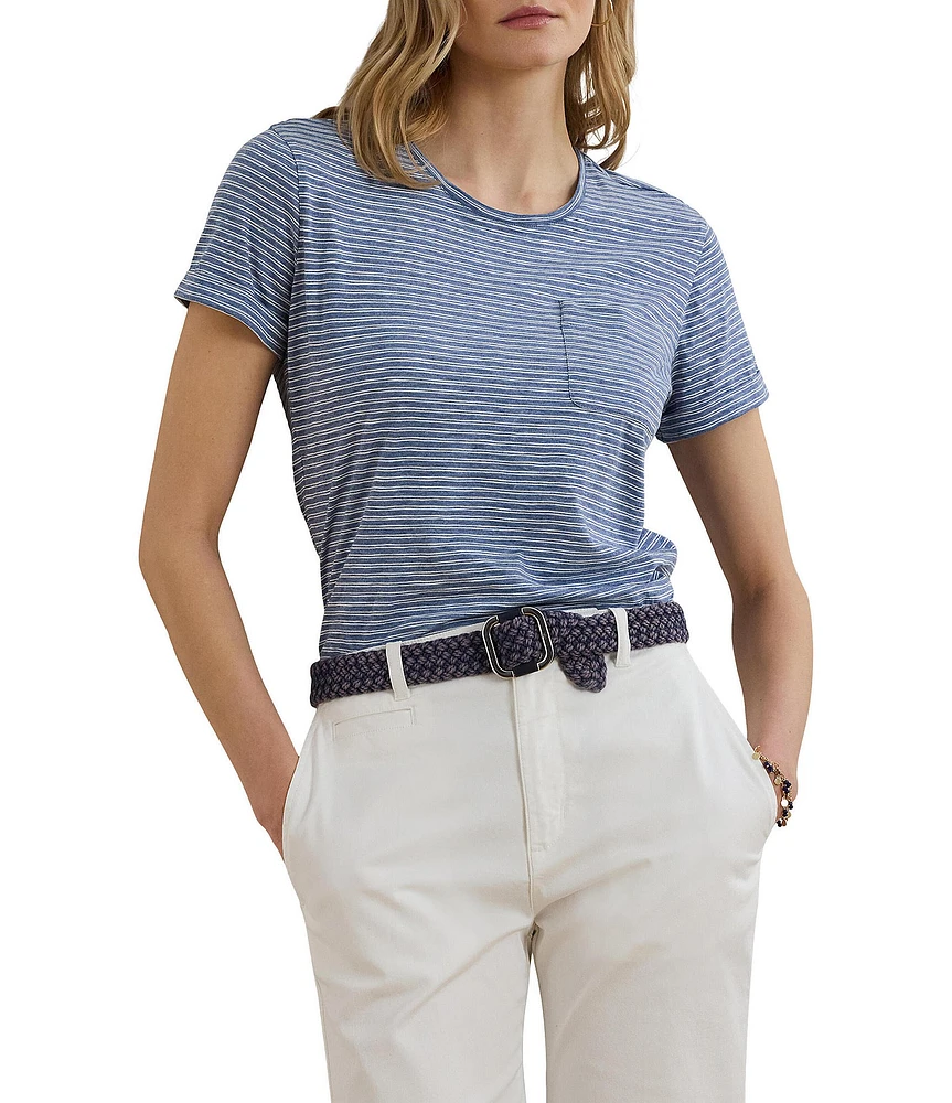 Lauren Ralph Lauren Petite Size Soft Slub Jersey Printed Crew Neck Short Sleeve Pocket Tee