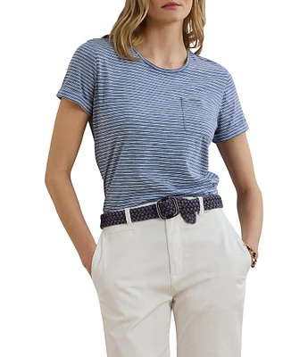 Lauren Ralph Lauren Petite Size Soft Slub Jersey Printed Crew Neck Short Sleeve Pocket Tee