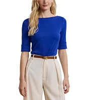 Lauren Ralph Lauren Petite Size Stretch Cotton Boat Neck Elbow Length Sleeve Top