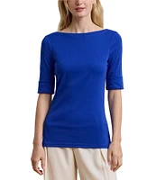 Lauren Ralph Lauren Petite Size Stretch Cotton Boat Neck Elbow Length Sleeve Top