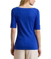 Lauren Ralph Lauren Petite Size Stretch Cotton Boat Neck Elbow Length Sleeve Top