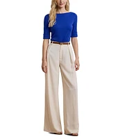 Lauren Ralph Lauren Petite Size Stretch Cotton Boat Neck Elbow Length Sleeve Top
