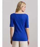 Lauren Ralph Lauren Petite Size Stretch Cotton Boat Neck Elbow Length Sleeve Top