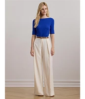 Lauren Ralph Lauren Petite Size Stretch Cotton Boat Neck Elbow Length Sleeve Top