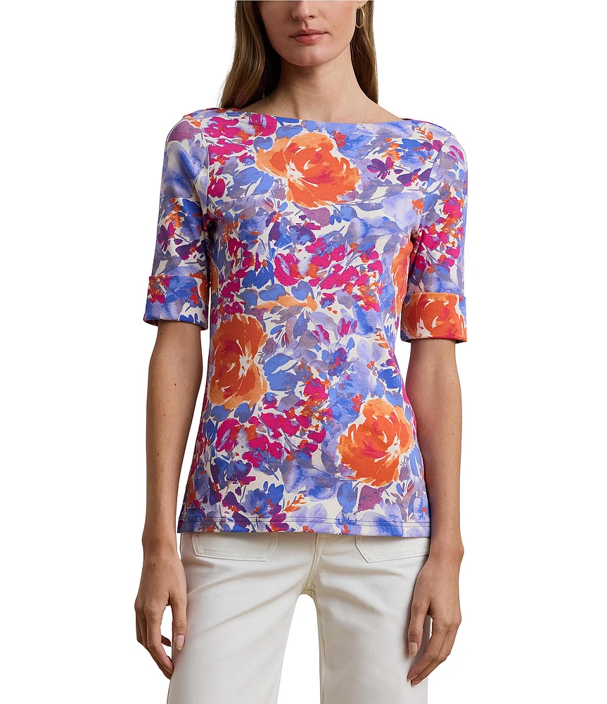 Lauren Ralph Lauren Petite Size Stretch Cotton Floral Boat Neck Elbow Length Sleeve T-Shirt