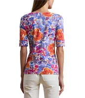 Lauren Ralph Lauren Petite Size Stretch Cotton Floral Boat Neck Elbow Length Sleeve T-Shirt