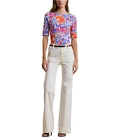 Lauren Ralph Lauren Petite Size Stretch Cotton Floral Boat Neck Elbow Length Sleeve T-Shirt