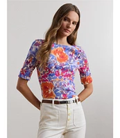 Lauren Ralph Lauren Petite Size Stretch Cotton Floral Boat Neck Elbow Length Sleeve T-Shirt