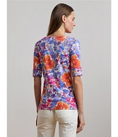 Lauren Ralph Lauren Petite Size Stretch Cotton Floral Boat Neck Elbow Length Sleeve T-Shirt