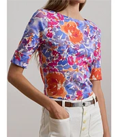 Lauren Ralph Lauren Petite Size Stretch Cotton Floral Boat Neck Elbow Length Sleeve T-Shirt